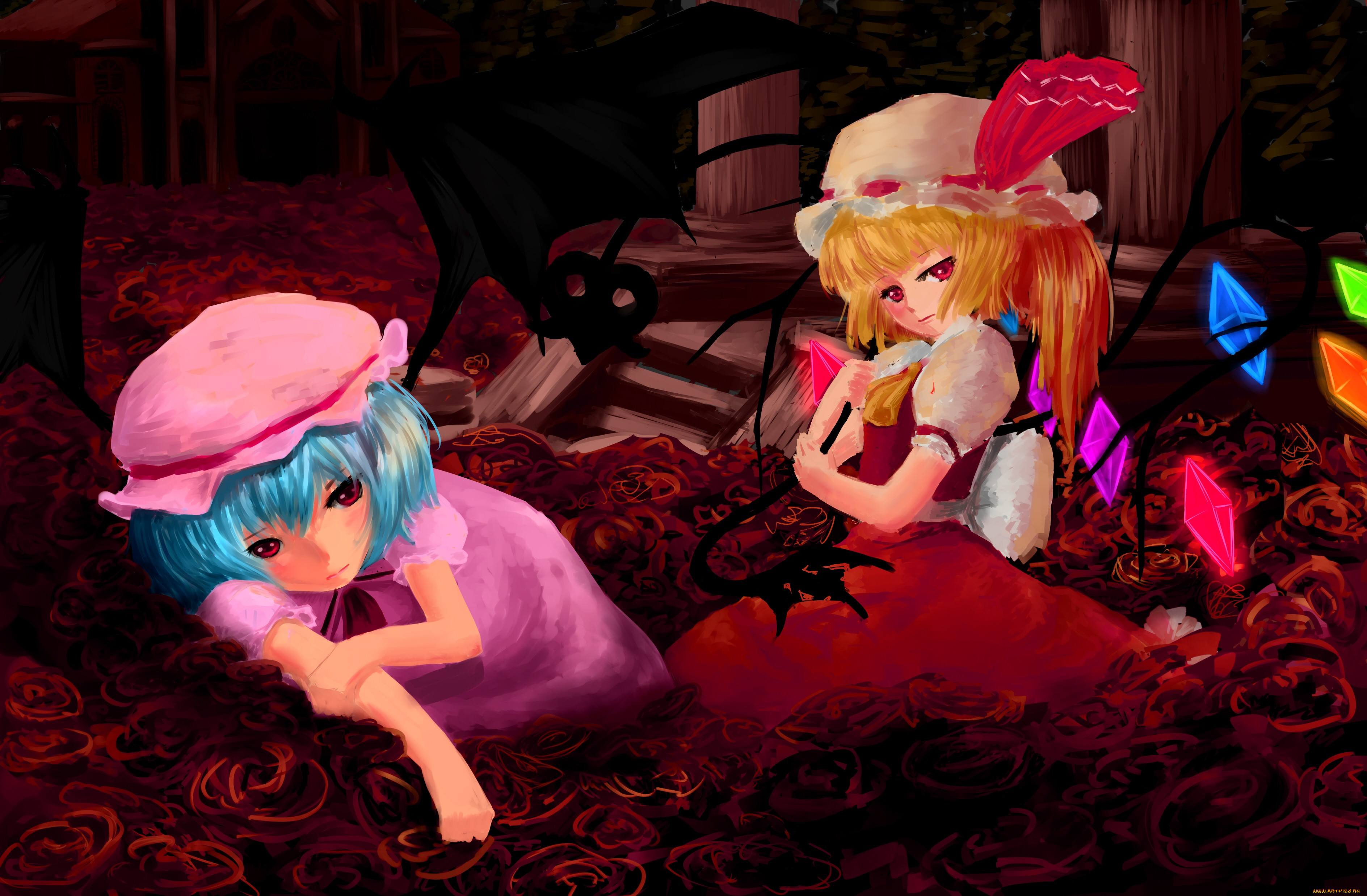 Обои Аниме Touhou, обои для рабочего стола, фотографии аниме, touhou,  flandre, scarlet, арт, девушки, шапочки, красные, розы, remilia Обои для  рабочего стола, скачать обои картинки заставки на рабочий стол.